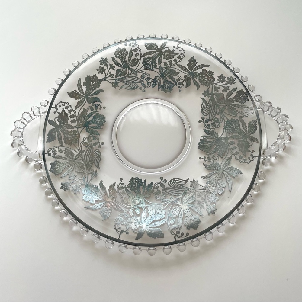Imperial Silver-Plated Candlewick Glass Serving Plate with Handles, 12” Floral